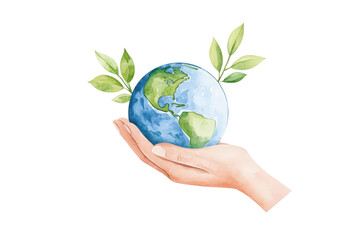 Hand holding Earth with green leaves isolated on transparent background.