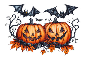 Halloween pumpkins with bats isolated on transparent background.