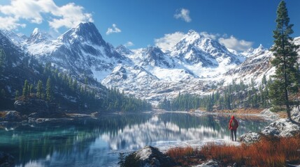 A vibrant image showcasing a lone hiker in a red jacket standing by a serene lake, surrounded by snow-capped mountains under a clear blue sky, capturing the essence of adventure and tranquility.