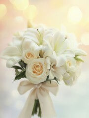 Obraz premium The bouquet features elegant white roses and lilies, beautifully tied with a silk ribbon, set against a gentle pastel background. Generative AI