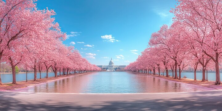 Cherry blossom trees in full bloom against blue skies in Washington, DC. Pink and white flowers contrast with city landmarks, springtime