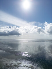 Fototapeta premium Nordsee, North Sea, Hallig Hooge, Halligen, Sunset, Sunrise, Sonnenuntergang, Sonnenaufgang, Meer, Ocean, Wasser, Wiesen, Weiden, Episch, Drohnenfotos, DJI, Dronehsots, Insel, Deutschland, Germany, 