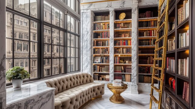 An elegant home library with marble bookcases, a gold ladder, and plush velvet seating A large window provides natural light, making it an ideal spot for afternoon reading