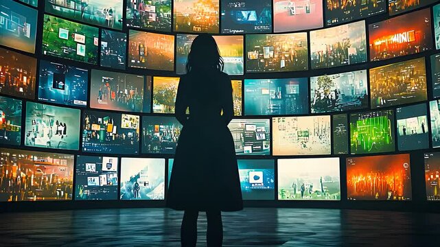 Woman standing in front of multiple digital screens displaying global data, representing information overload, technology, and virtual communication.

