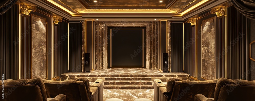 Wall mural an elegant home theater with a marble entryway, gold-trimmed walls, and velvet cinema seating the sp