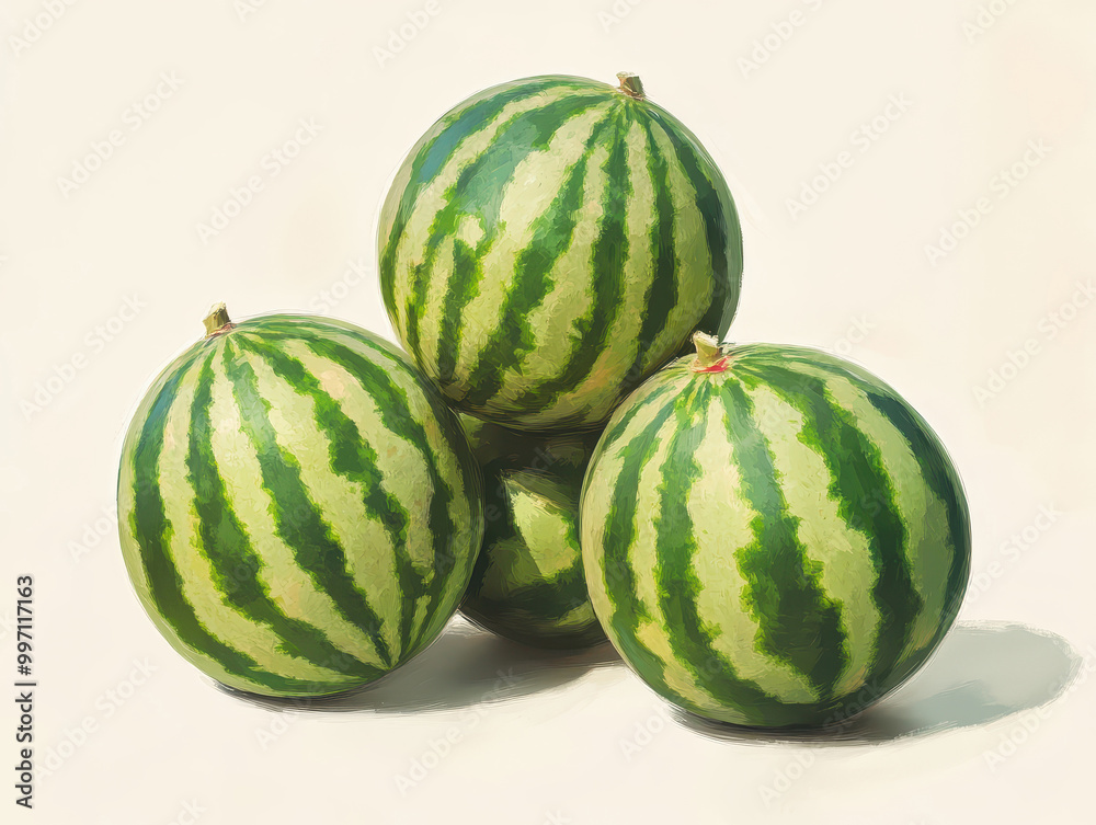 Wall mural Four watermelons stacked together on a white background.