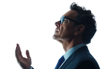 Professional man looking upward isolated on transparent background.