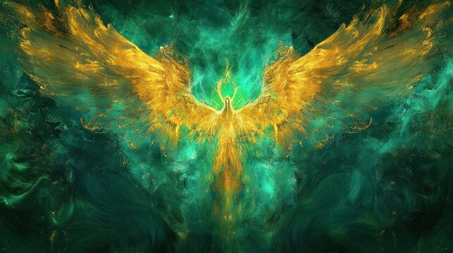 Angelic abstract motif in emerald gold color. Background colors with healing emerald and Archangel Raphael wings.