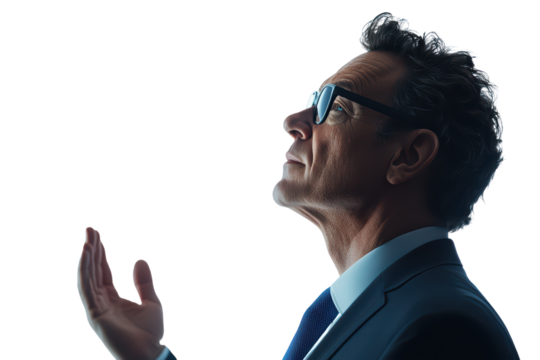 Professional man looking upward isolated on transparent background.