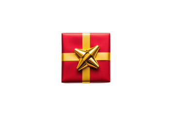Red gift box with golden ribbon isolated on transparent background.