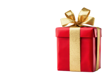 Red gift box with golden ribbon, perfect for festive occasions isolated on transparent background.
