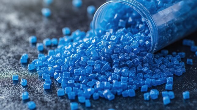 Blue plastic polypropylene granules on a table,