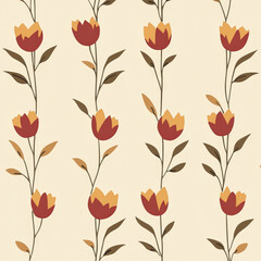 Obraz premium Small flat design tulips in shades of red and yellow, evenly spaced on a soft beige background, creating a simple and classic floral look.