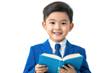 Smiling boy in a blue suit holding an open book isolated on transparent background.