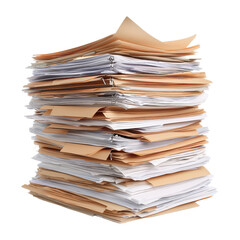 Stack of assorted paper files isolated on transparent background.