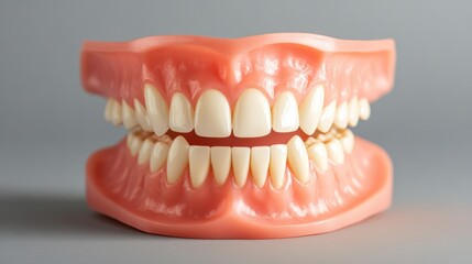 Fototapeta premium This image features a detailed dental model displaying upper and lower sets of human teeth, which is often used for dental health education and professional studies.