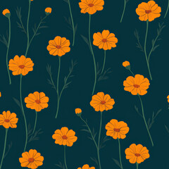 Fototapeta premium Small orange marigolds in flat design style, arranged in a repeating pattern on a deep teal background, creating a bold and bright floral look.