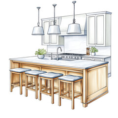 Stylish kitchen with modern island and bar stools isolated on transparent background.