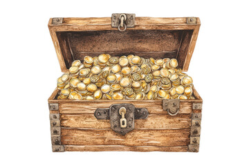 Treasure chest overflowing with gold coins isolated on transparent background.