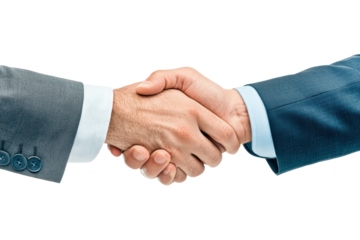Two hands shaking in a professional business agreement isolated on transparent background.