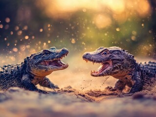 Two young crocodiles are seen with their mouths open wide, as if in an intense standoff or playful interaction, captured against a backdrop of golden light and scattered water droplets.