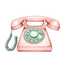 Vintage pink rotary telephone isolated on transparent background.