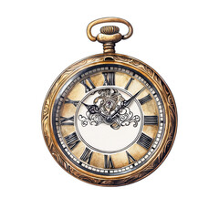 Vintage pocket watch with ornate details isolated on transparent background.