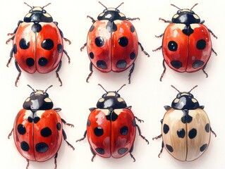 A collection of six diverse ladybugs showcasing their distinct patterns and vibrant colors, arranged in two neat rows against a clean white background.
