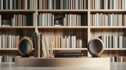 A podium decorated with modern books, sleek bookends, and minimalist dÃ©cor, set against a stylish bookshelf backdrop for Book Lovers Day.