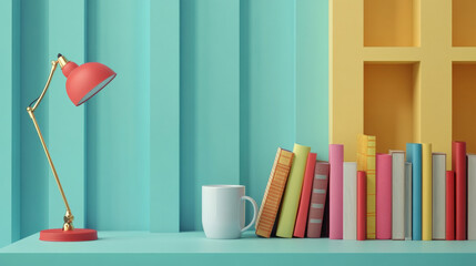 A podium decorated with colorful novels, a reading lamp, and a coffee mug, set against a modern home library background for Book Lovers Day.