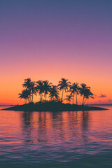 A warm gradient sky transitioning from orange to purple, set against the silhouette of a tropical island and palm trees at sunset.