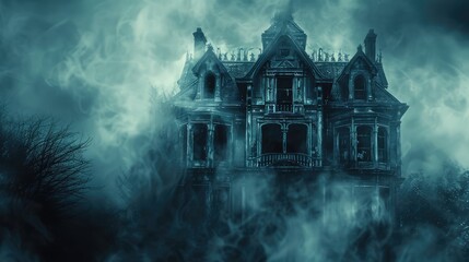 Obraz premium House with the ghosts. Horror theme. AI generative.