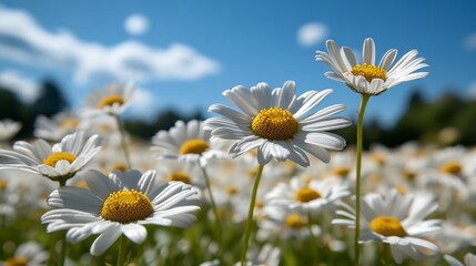 Fototapeta premium A vibrant field of white daisies with yellow centers against a backdrop of a clear blue sky with soft clouds, highlighting the beauty of nature and the essence of springtime.