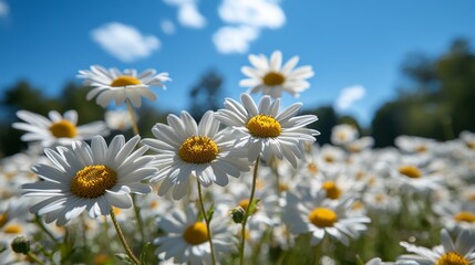 A field of vibrant white daisies with yellow centers in full bloom basking under a clear blue sky dotted with a few small clouds, symbolizing natural beauty and tranquility.