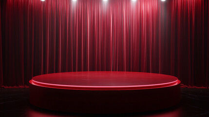 An empty, sleek, red podium with luxurious velvet curtains in the background, perfect for product display. The scene is lit with soft spotlights for added elegance.