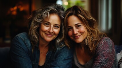 Fototapeta premium Two women with wavy hair share a close embrace, smiling warmly at the camera in a cozy indoor setting, reflecting friendship and happiness in natural light.