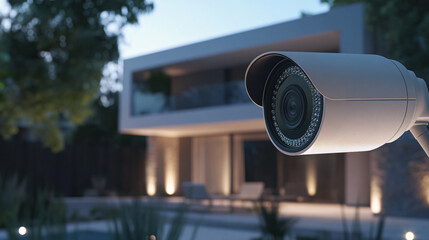 Close-up view of a modern home security camera monitoring vigilantly, showing details of advanced technology 