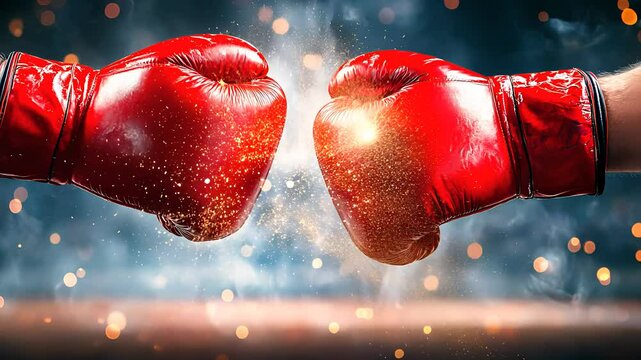 Two red boxing gloves colliding with sparks, representing sports competition, strength, and the intensity of professional boxing matches.

