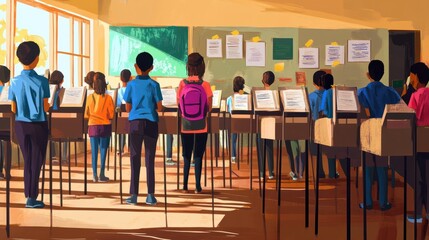 Students vote within the school using ballot papers to vote. Basic democracy education in school.