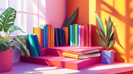 A podium decorated with vibrant book covers, colorful bookmarks, and a warm, modern reading space, celebrating Book Lovers Day.