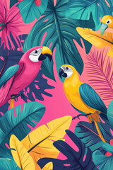 Naklejka premium A vibrant hand-drawn tropical background with large palm leaves, exotic fruits, and playful birds in bright neon pink, yellow, and teal, set against a gradient sunset.