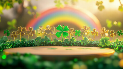 A podium decorated with golden clovers, green shamrock garlands, and a glowing rainbow, set against a bright sky for Saint Patrickâ€™s Day.