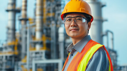Senior asian Engineer wearing glasses helmet and safety vest in front of an industrial power plant or factory. Experienced, highly educated asian civil or industrial engineer. Middle-aged man.