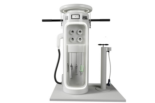 A sleek, futuristic bicycle repair station equipped with essential tools and a pump, designed for urban cycling maintenance and public use. Perfect for modern city environments and cyclist assistance.