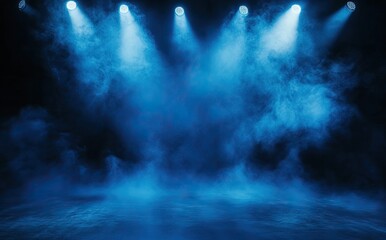 Blue spotlights illuminating an empty stage with smoke. AI generated image