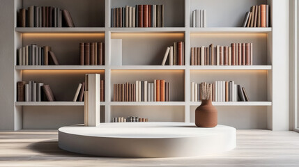 A podium decorated with modern books, sleek bookends, and minimalist dÃ©cor, set against a stylish bookshelf backdrop for Book Lovers Day.
