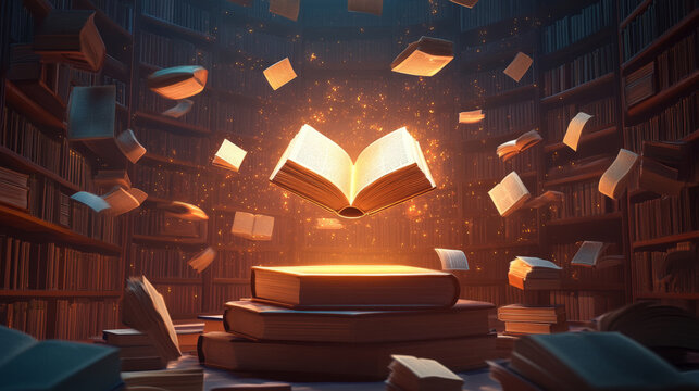 A podium surrounded by books floating in the air, with a glowing central book and a whimsical library backdrop for Book Lovers Day.