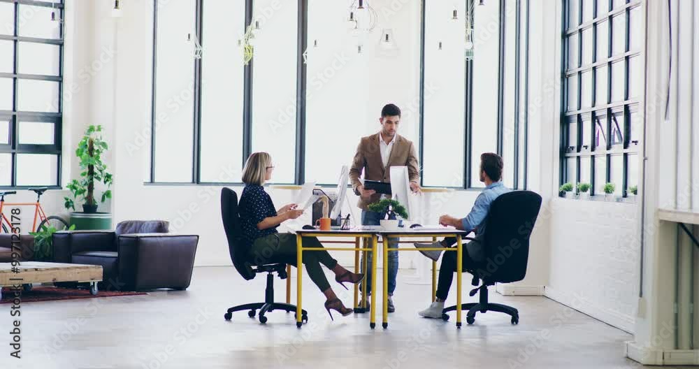 Poster Group or team of professional business people talking, discussing work and planning while working on a computer in their office. Manager and staff brainstorming ideas together in a workplace desk