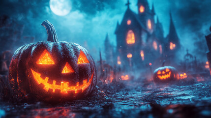 Fototapeta premium A glowing jack-o'-lantern sits in a spooky graveyard with a haunted house in the background.