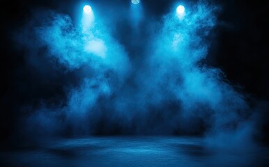 Blue spotlights illuminating an empty stage with smoke. AI generated image